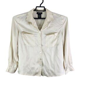 Womens Beige Studio 3000 Blouse Shirt 100% Silk Button Up Long Sleeve Size M